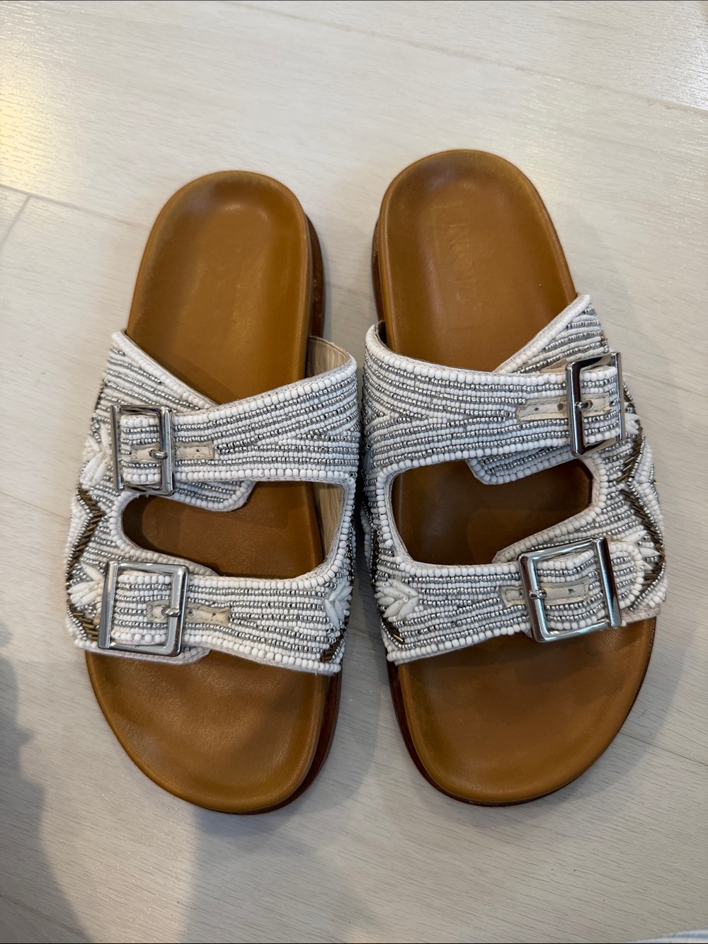 Beaded Double-Buckle White Slide Sandals